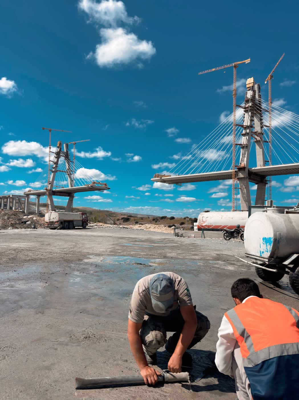 Cable-stayed bridge construction with a transit mixer on site